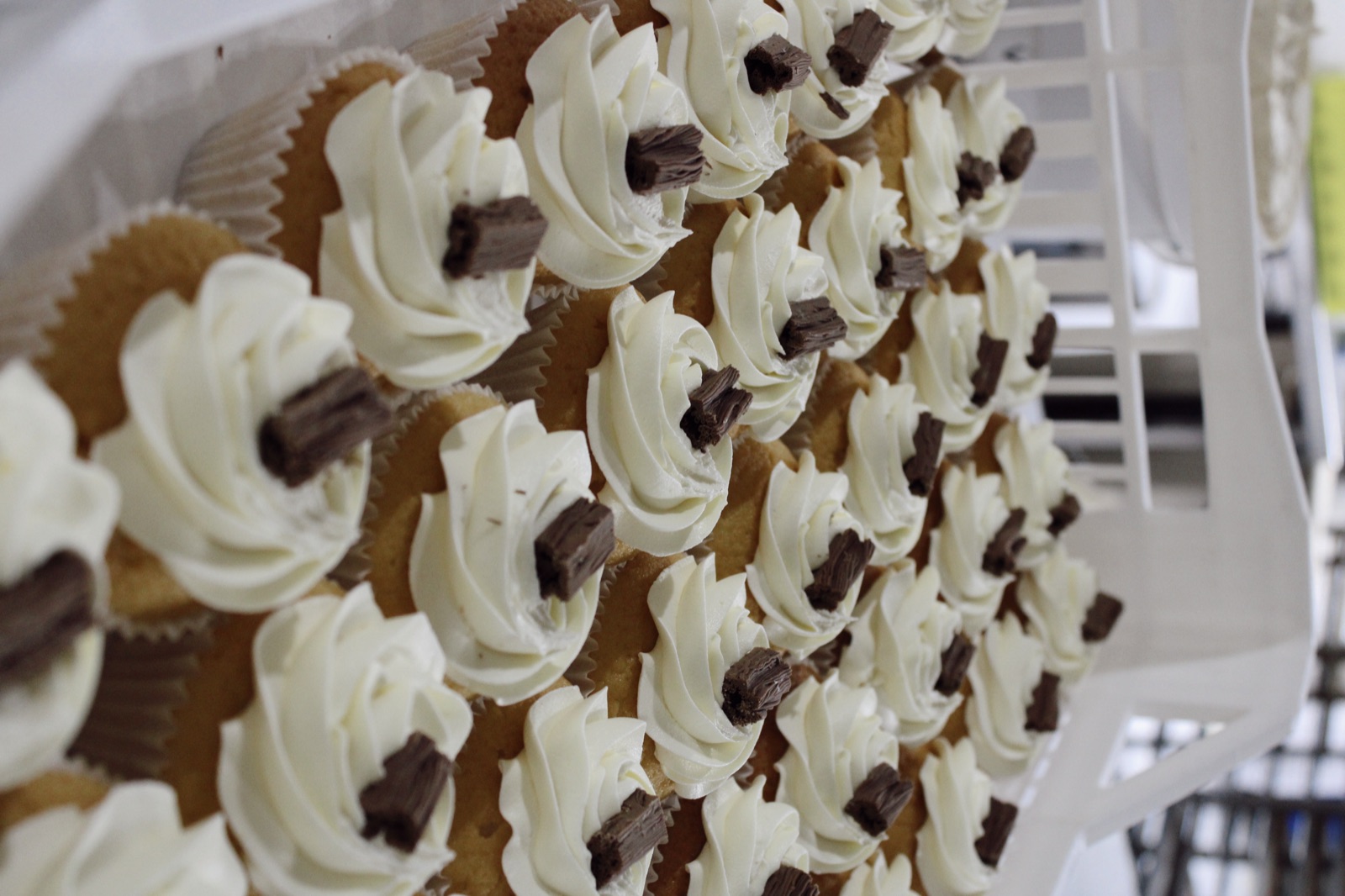 Vanilla cupcakes with cream and chocolate on bakery rack