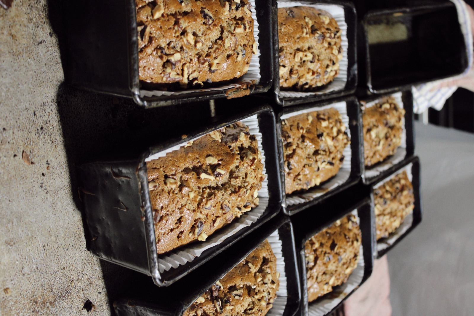 Fruit loaves in baking tins fresh from Knotts Bakery
