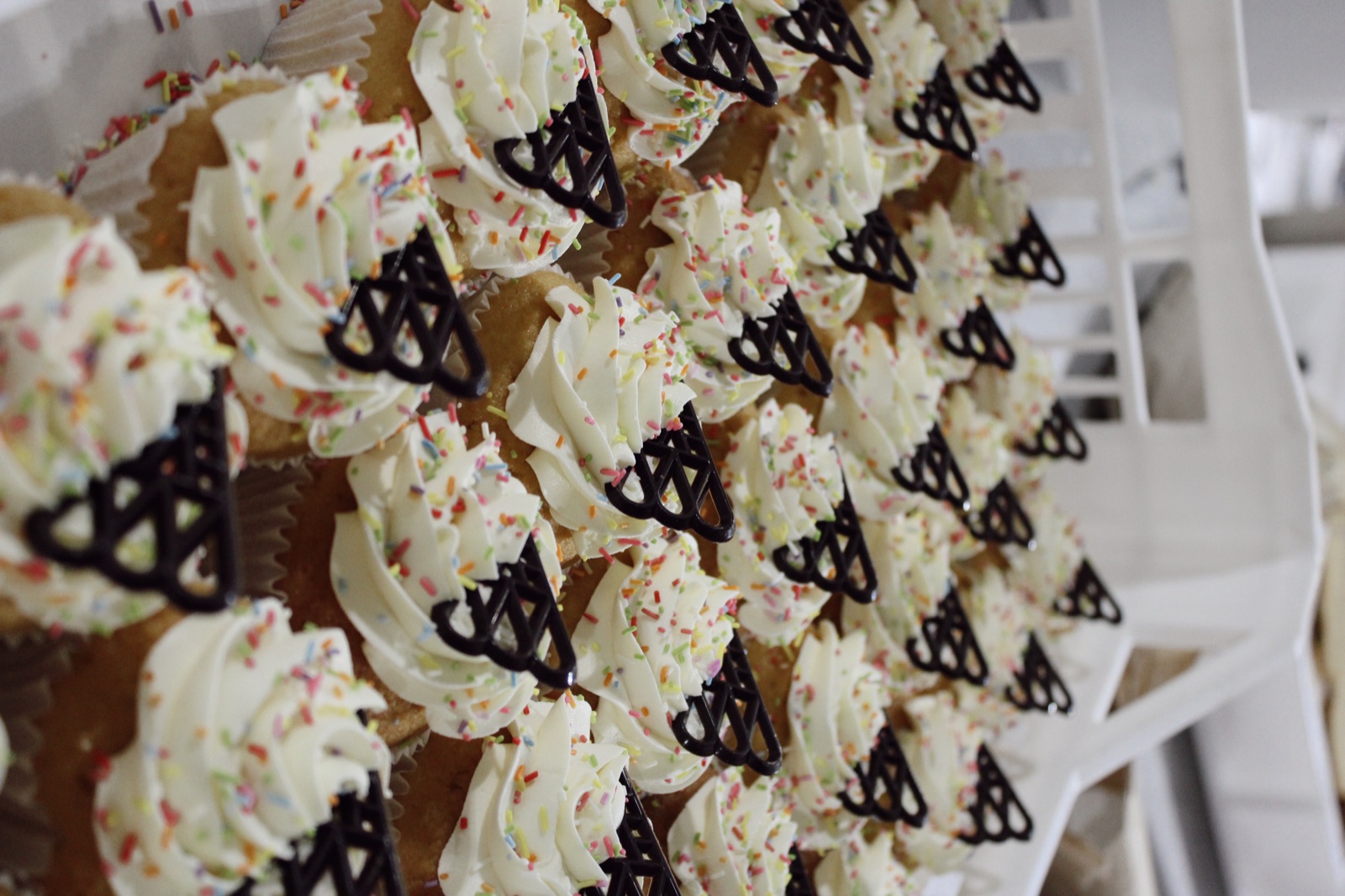 Decorated vanilla cupcakes with chocolate toppers and sprinkles